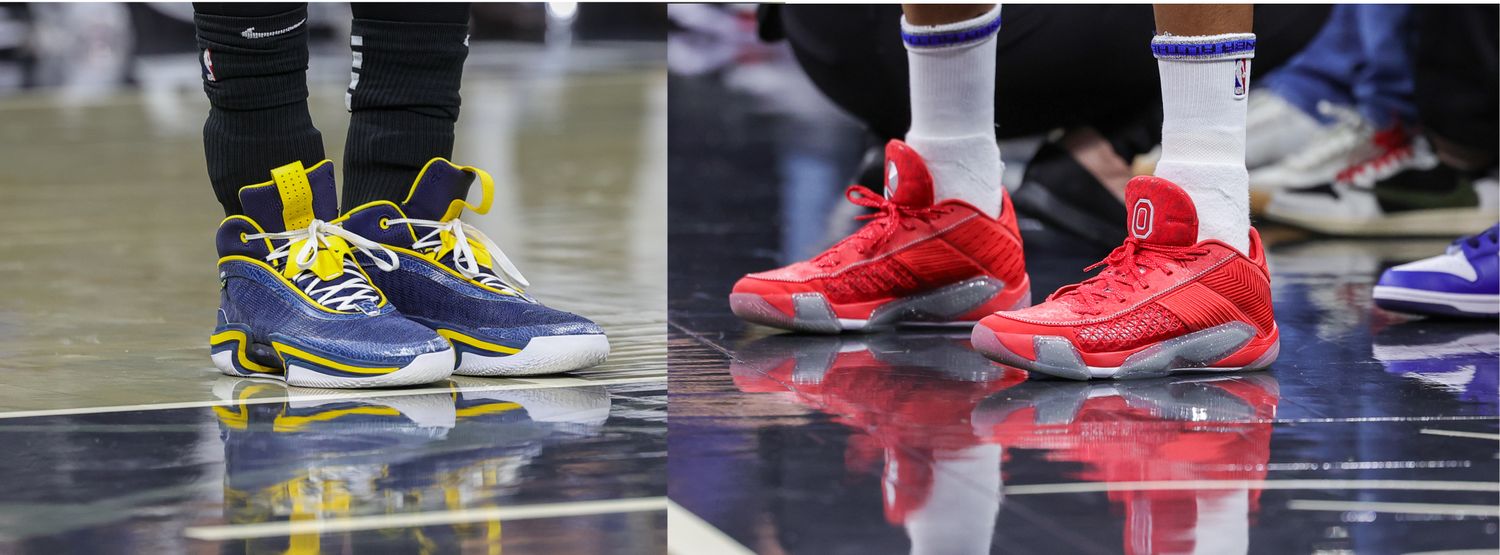 View of Moritz Wagner and Mike Conley's Air Jordan sneakers.